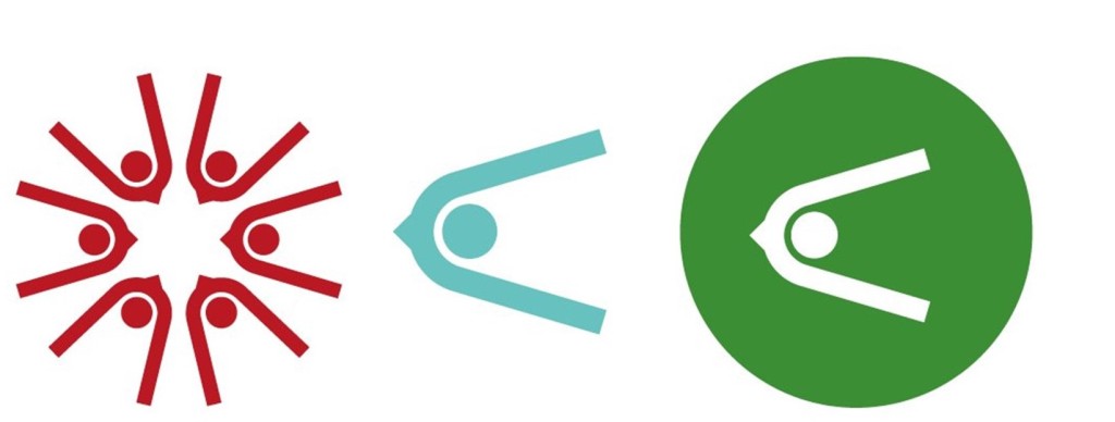 Three graphics: the first is a the CCVS roundel all in red, the second is one icon form the roundel in light blue, third if an icon in a green circle. each of these are elements of the new logo.