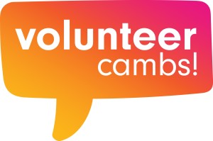 The Volunteer Cambs logo. A bright pink and orange speech bubble with the words: Volunteer Cambs